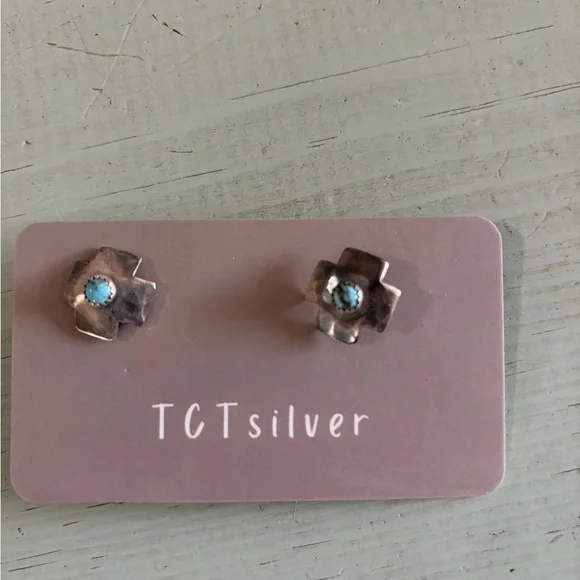 TCT authentic silver Cross turquoise Stud Earrings - Picture 1 of 3